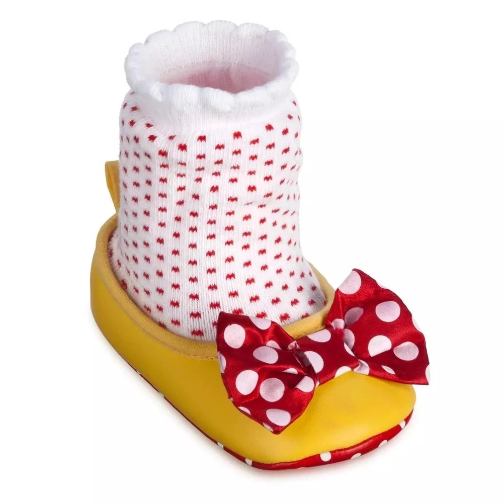 NEW Disney Baby Minnie Mouse Yellow Red Polka Dot Bow Booties Sock Top 6-12M